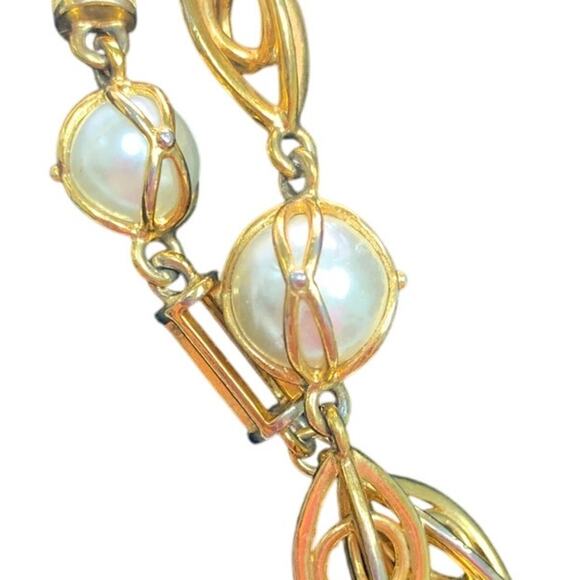 Vintage 33" Faux Pearl Art Deco Long Gold Toned Chain Link Necklace - Picture 3 of 4